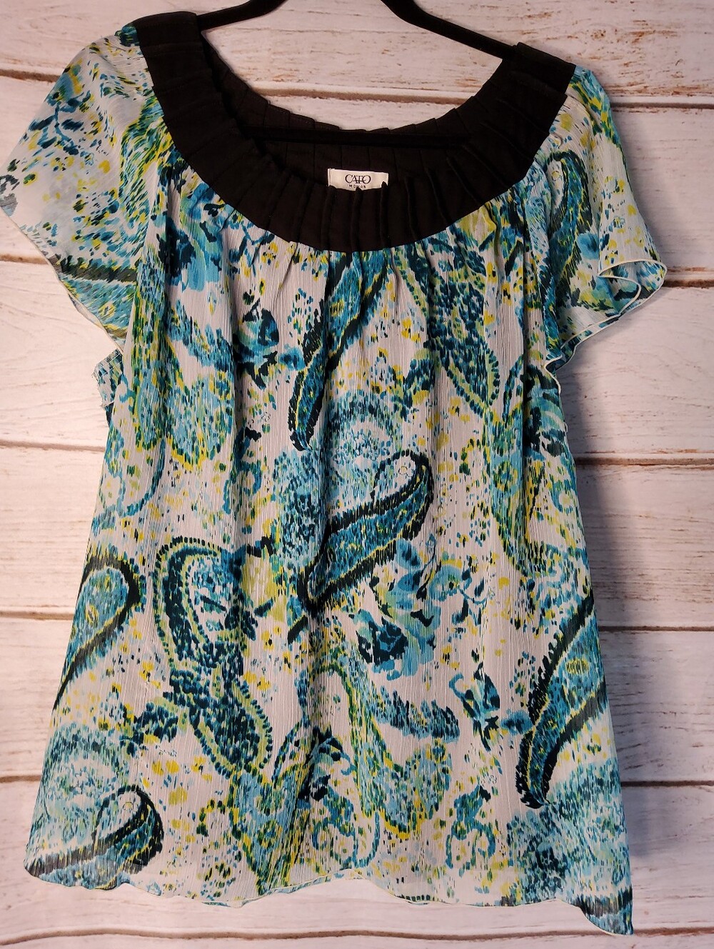 Cato Blue Teal Paisley Short-Sleeve Pleated Yoke Top